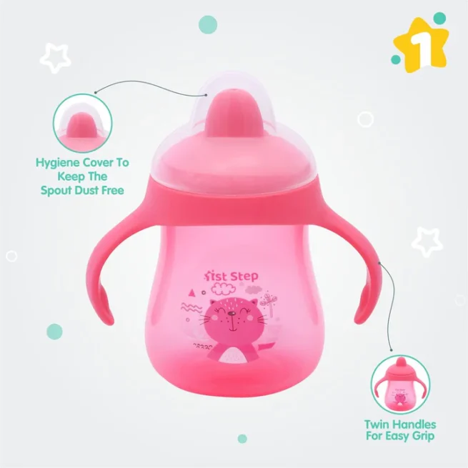 1st Step Matte Collection BPA Free Polypropylene Hard Spout Sipper with Twin Handles for Easy Grip - Pink - Image 2