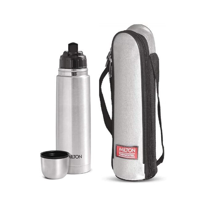 Milton Flip Lid 750 Thermosteel 24 Hours Hot and Cold Water Bottle with Bag, 1 Piece, 750 ml, Silver