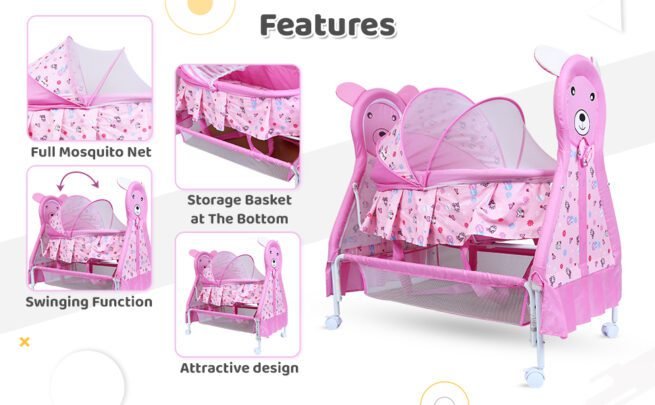 1st Step Cradle with Swing, Mosquito Net and Storage Basket (Pink) - Image 4