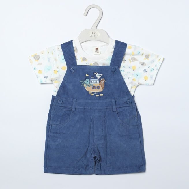 Sweet Chic: Chocolate Baby Romper Set with White T-Shirt and Dark Blue Romper Trouser set