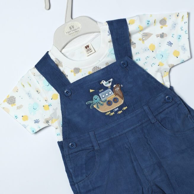 Sweet Chic: Chocolate Baby Romper Set with White T-Shirt and Dark Blue Romper Trouser set - Image 4