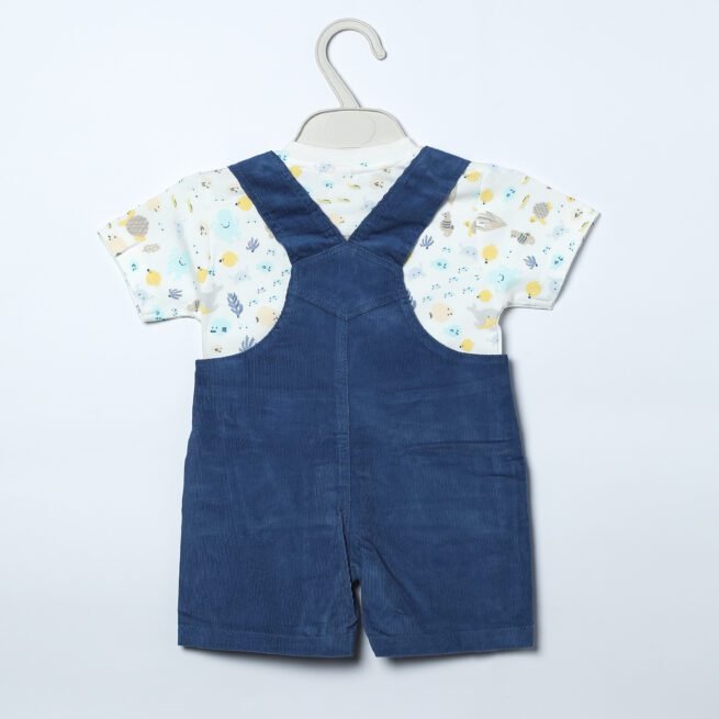 Sweet Chic: Chocolate Baby Romper Set with White T-Shirt and Dark Blue Romper Trouser set - Image 3