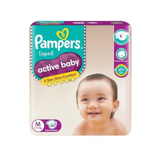 Pampers Active Baby Tape Style Diapers, Medium (M) Size, 62 Count