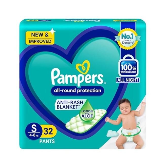 Pampers All round Protection Pants, Small size baby Diapers, (S) 32 Count