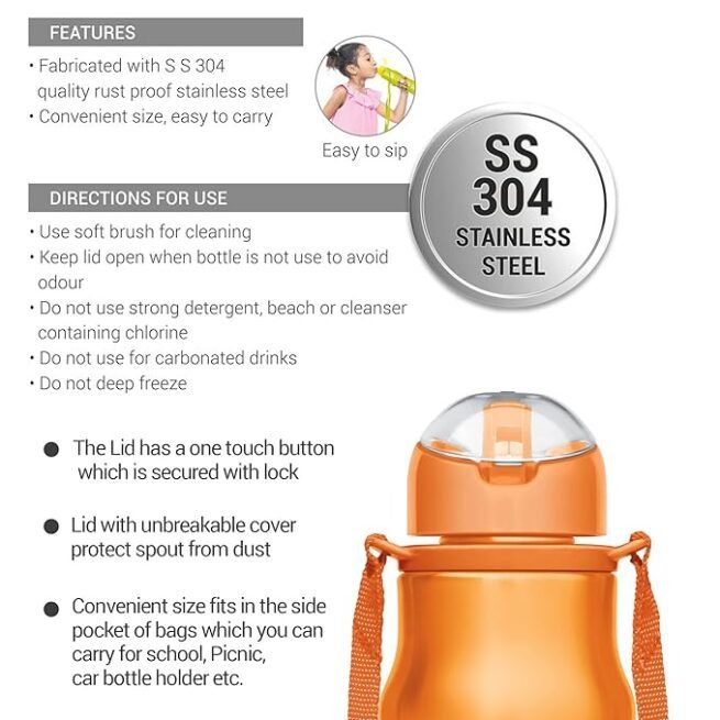 MILTON Gaiety 650 Stainless Steel Water Bottle, 600 ml, Orange - Image 3