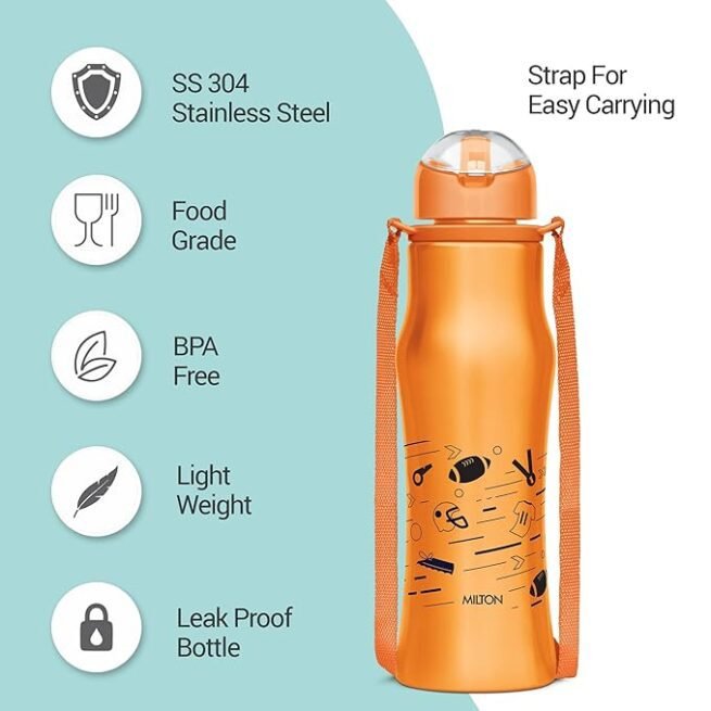 MILTON Gaiety 650 Stainless Steel Water Bottle, 600 ml, Orange - Image 4