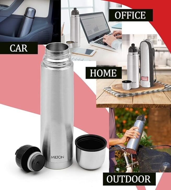 Milton Flip Lid 750 Thermosteel 24 Hours Hot and Cold Water Bottle with Bag, 1 Piece, 750 ml, Silver - Image 2