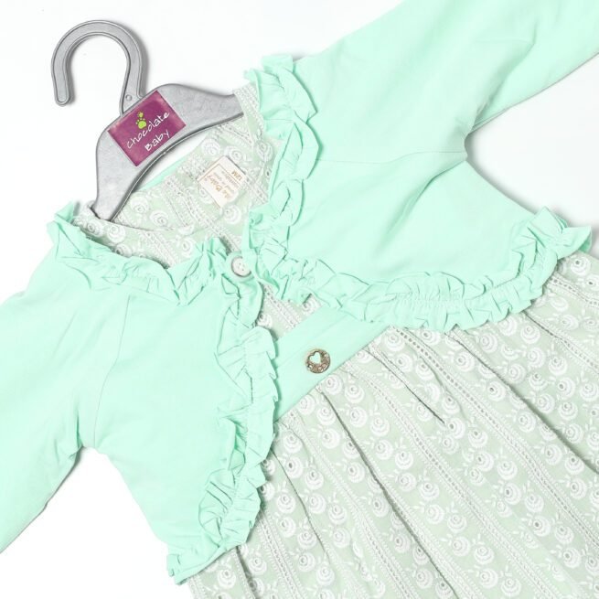 Meadow Melody: Chocolate Baby Brand Green & Grey Frock Dress Set - Image 2