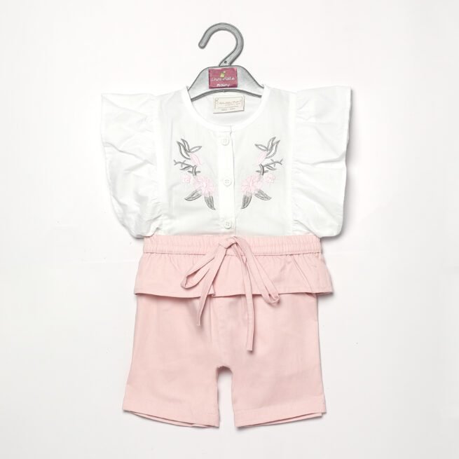 Sweet Serenity: Chocolate Baby Set with White Top and Pink Trousers