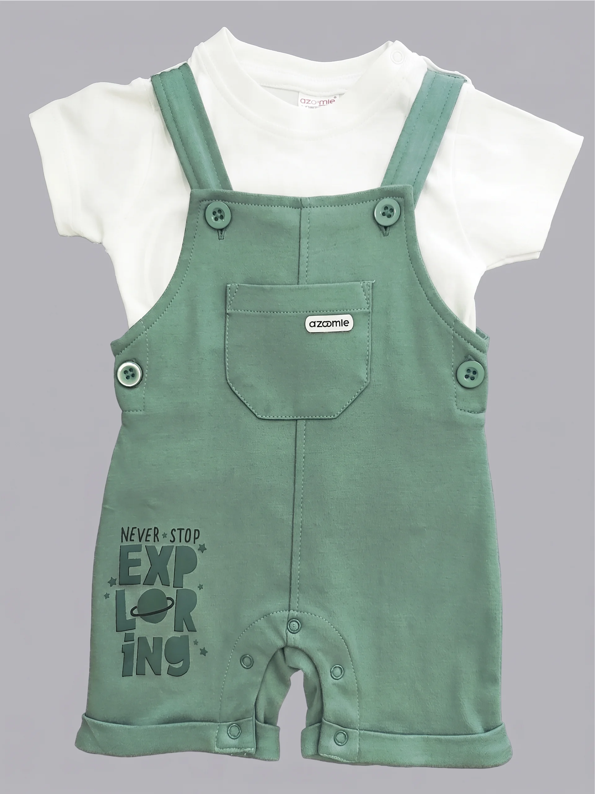 Sage Green Baby Boy Dungaree Set with White T-Shirt