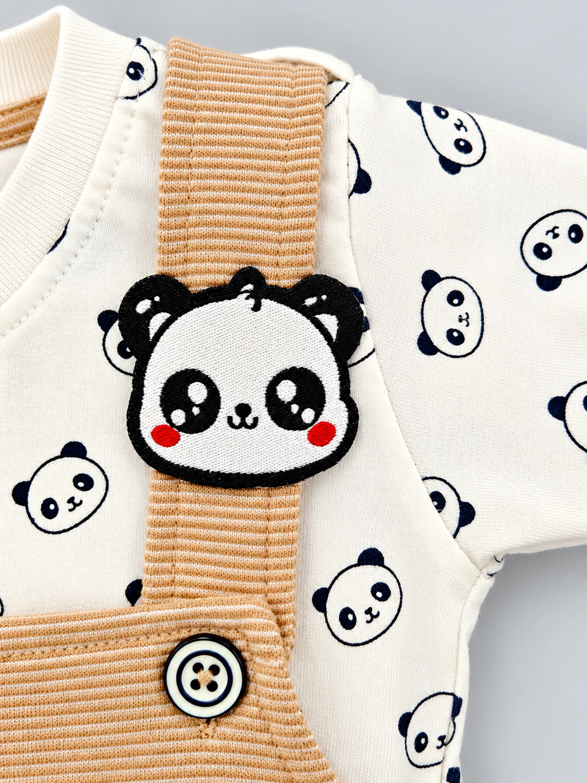 Beige Ribbed Panda Dungaree and Printed T-Shirt Set - Image 3