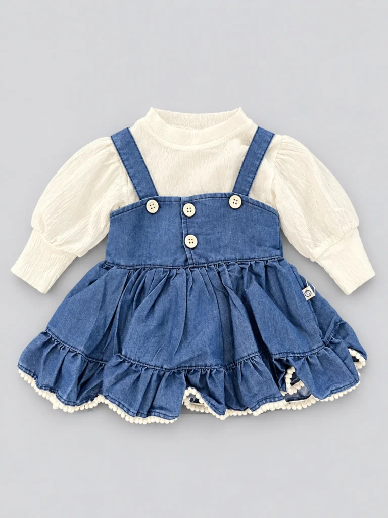 Ivory Blouse and Denim Pinafore Dress_Front