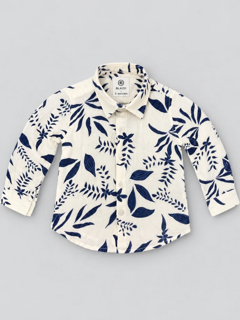Muslin Shirt with Navy Botanical Print for Baby Boys