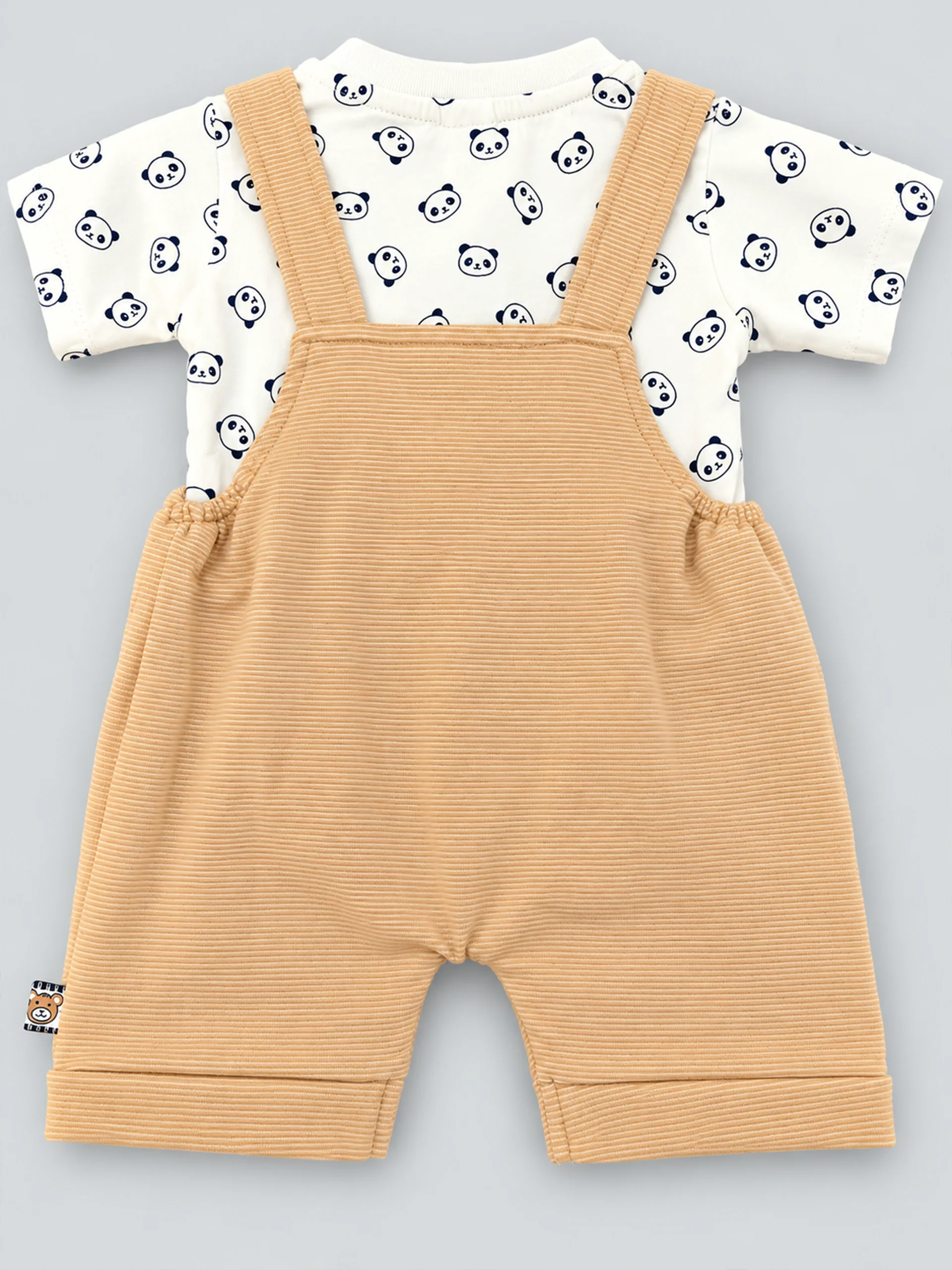 Beige Ribbed Panda Dungaree and Printed T-Shirt Set - Image 5
