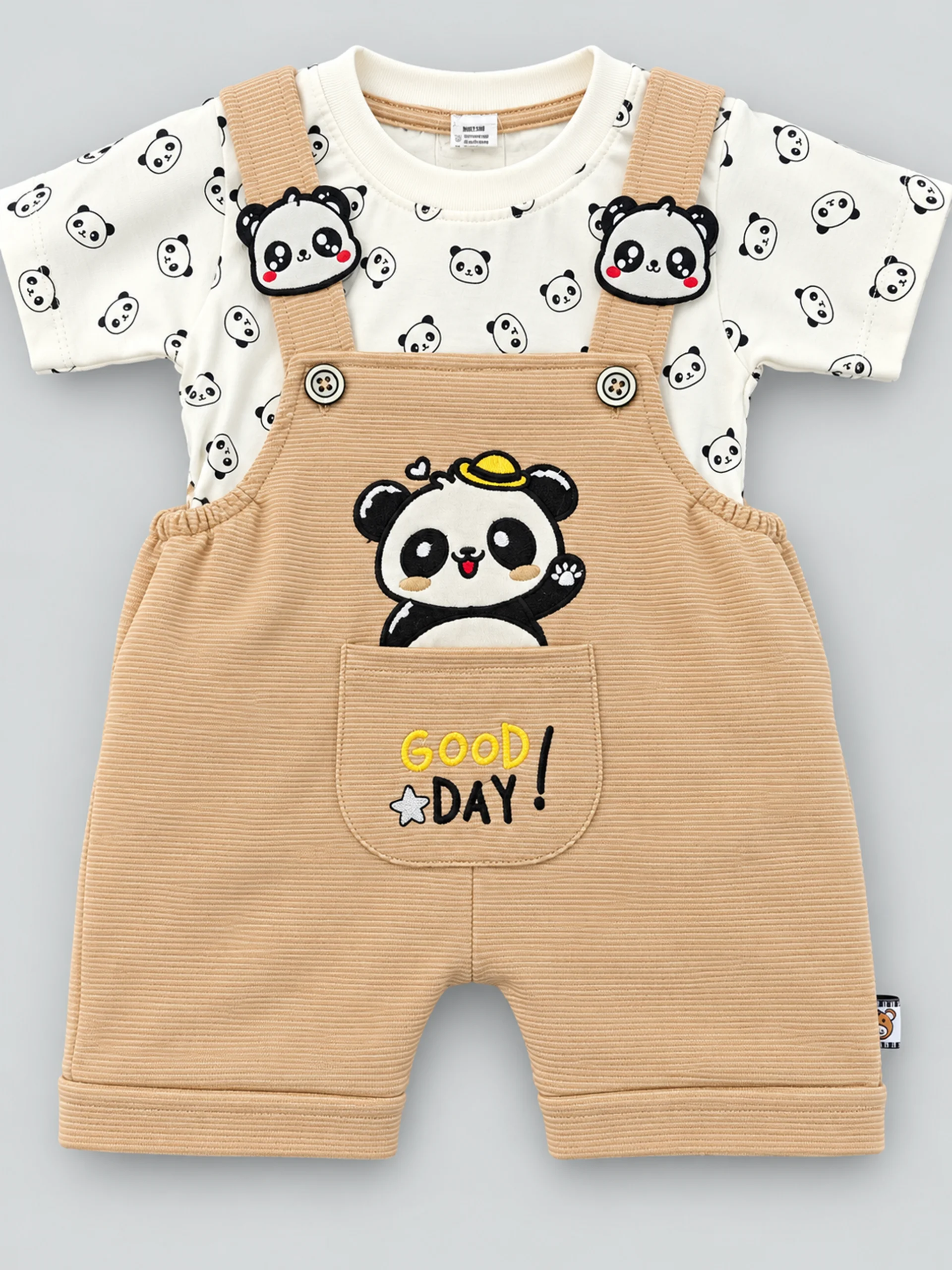 Beige Ribbed Panda Dungaree and Printed T-Shirt Set