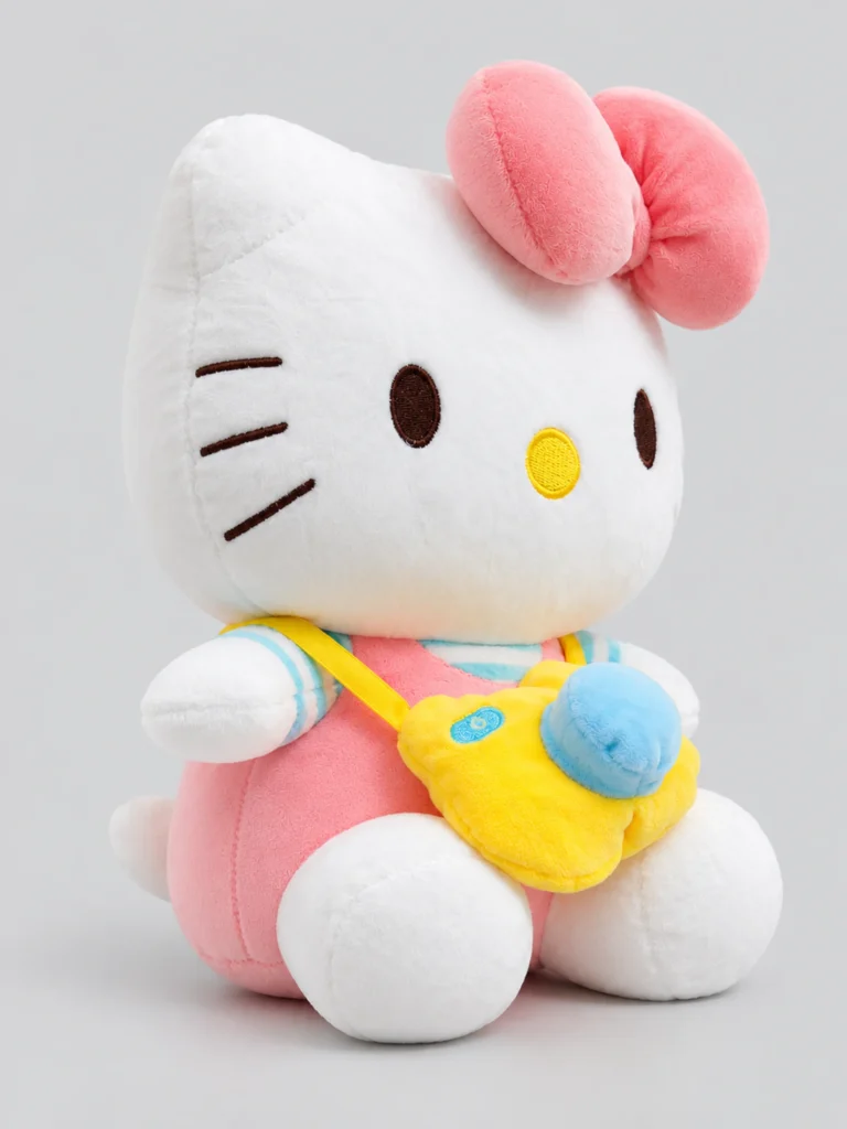 Pink-Bowed Cat Plush with Yellow Satchel